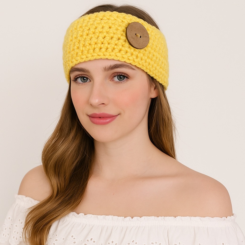 Yellow Handcrafted Knit Headband/Collar With Button Accent New With Tags